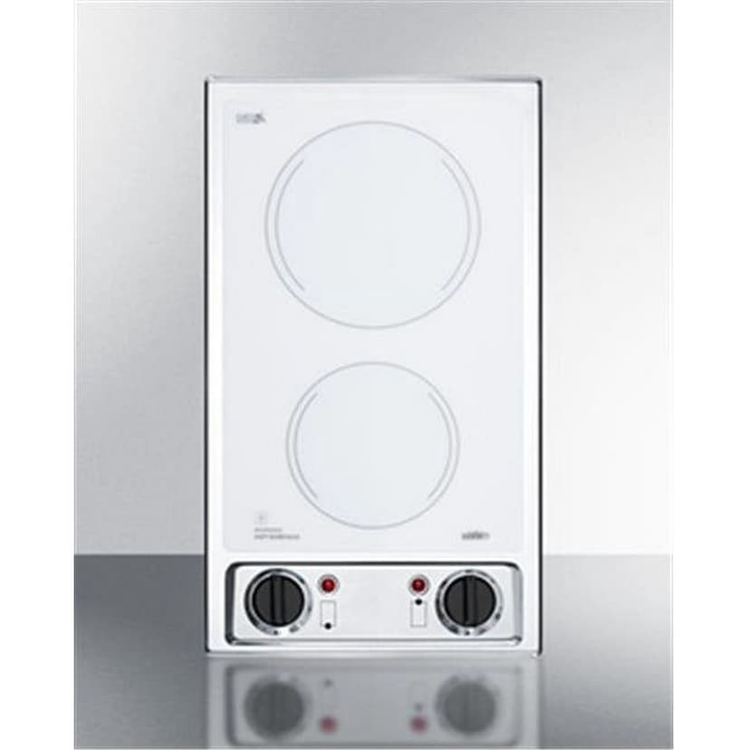 Summit CR2B120WH 115V 2 Burner Radiant Cooktop In Smooth White Glass & Stainless Steel Trim