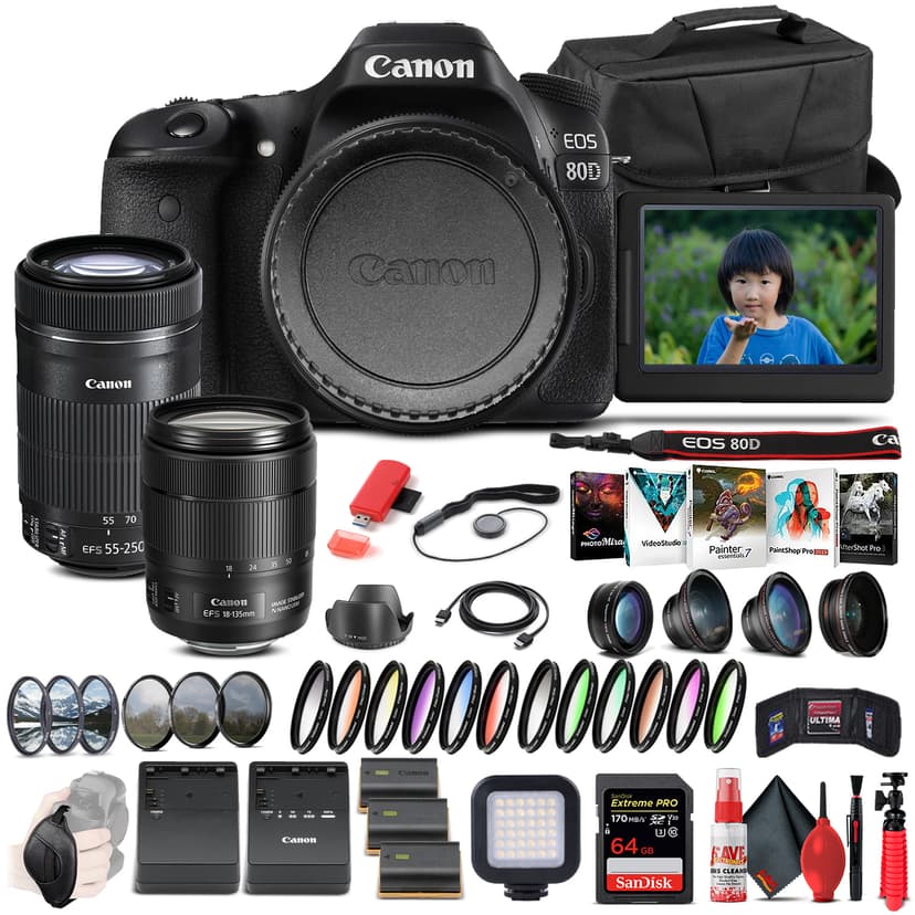 Canon EOS 80D Camera W/ 18-135mm Lens and EF-S 55-250mm Lens - Advanced Bundle(International Model)