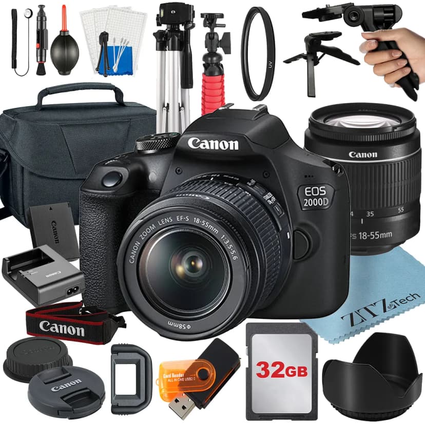 Canon EOS 2000D / Rebel T7 DSLR Camera Bundle with 18-55mm Zoom Lens + 32GB Card + Case + Tripod + ZeeTech Accessory