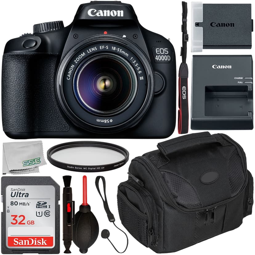 Canon EOS 4000D DSLR Camera with 18-55mm III Lens & Starter Accessory Bundle - Includes: SanDisk Ultra 32GB SDHC Memory Card + Camera Carrying Case + Ultraviolet Filter + Lens Cap Keeper + More