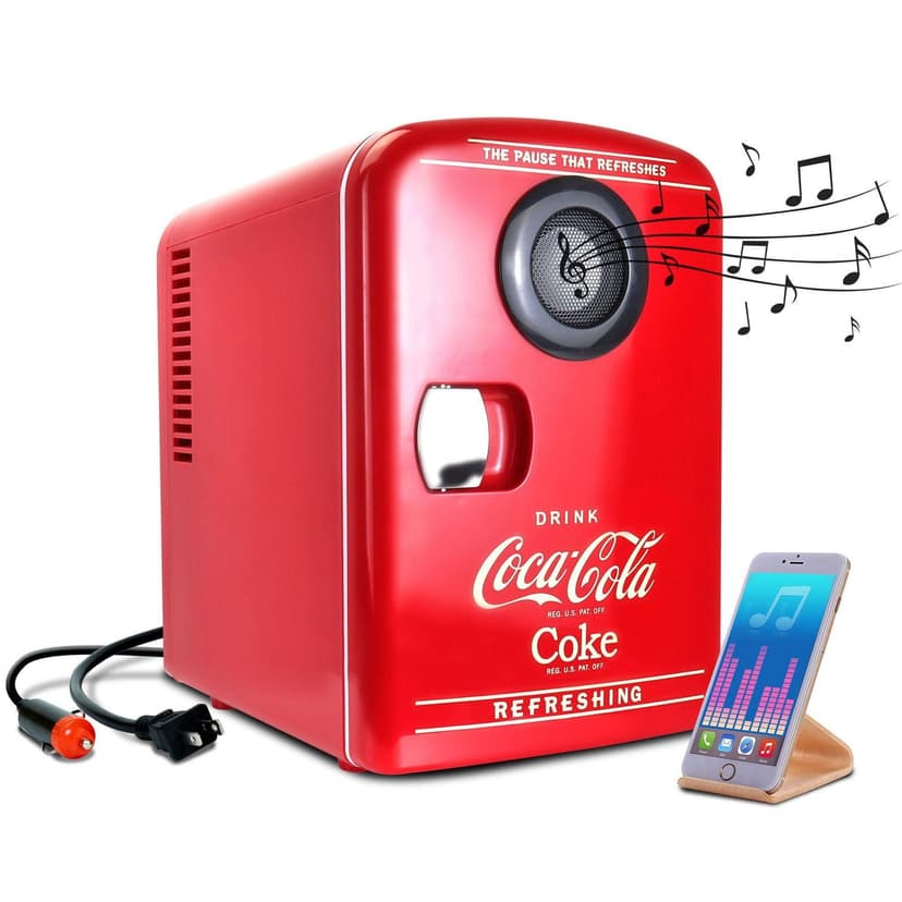 Coca-Cola 6 Can Portable Mini Fridge, Bluetooth Speaker, 4L Cooler/Warmer, Red