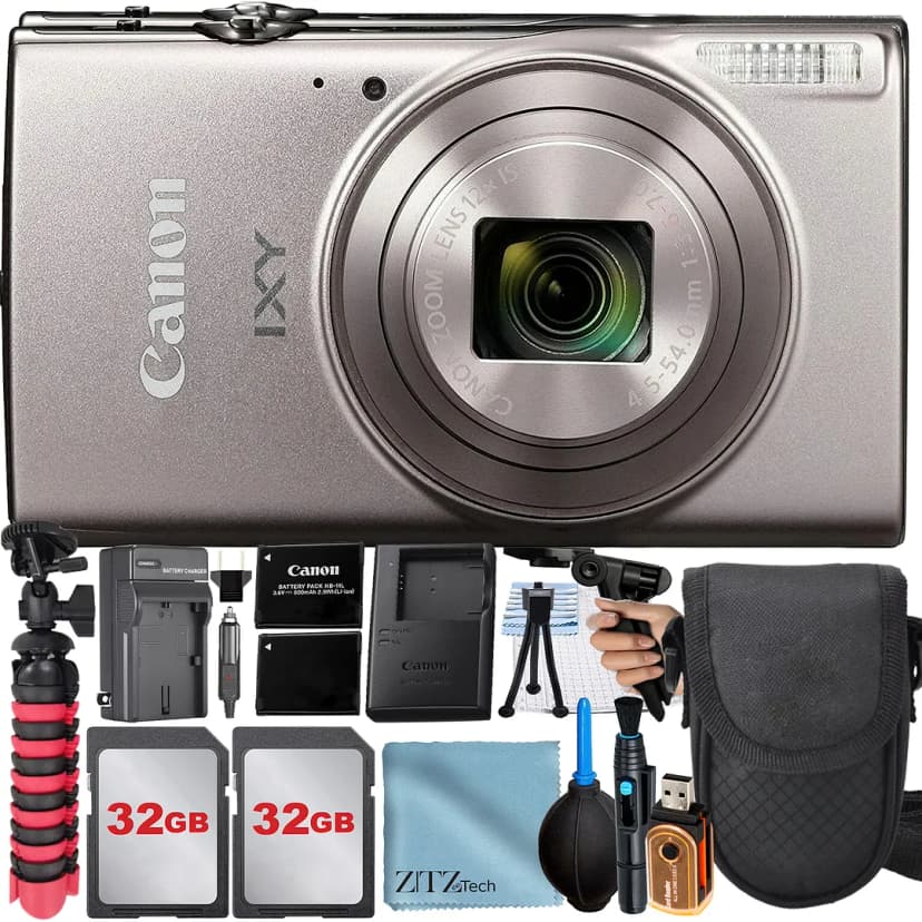 Canon PowerShot IXY 650 (ELPH 360) HS Digital Camera (Silver) with 2 Pack 32GB Memory Card + Case + Tripod + ZeeTech Professional Bundle