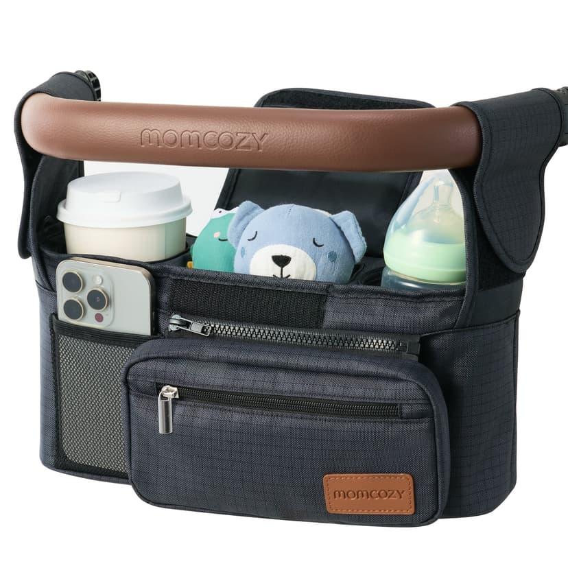 Momcozy Universal Baby Stroller Organizer for Infants & Toddlers with Insulated Cup Holder, Detachable Phone Bag & Shoulder Strap, Black Plaid