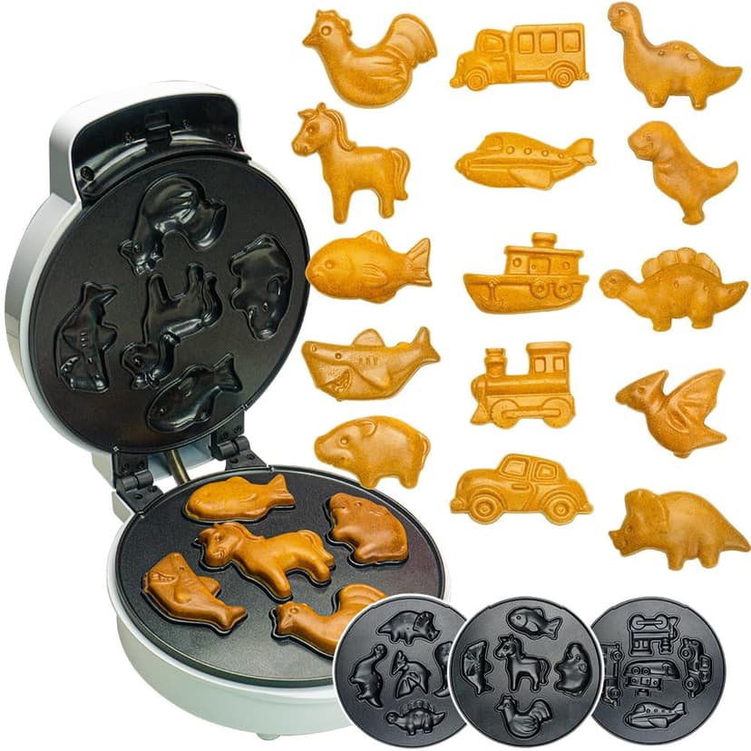 Waffle Maker for Kids with 15 Mini Shapes - Car, Truck, Farm Animals, Dinosaurs - Removable Plates for Easy Clean Up
