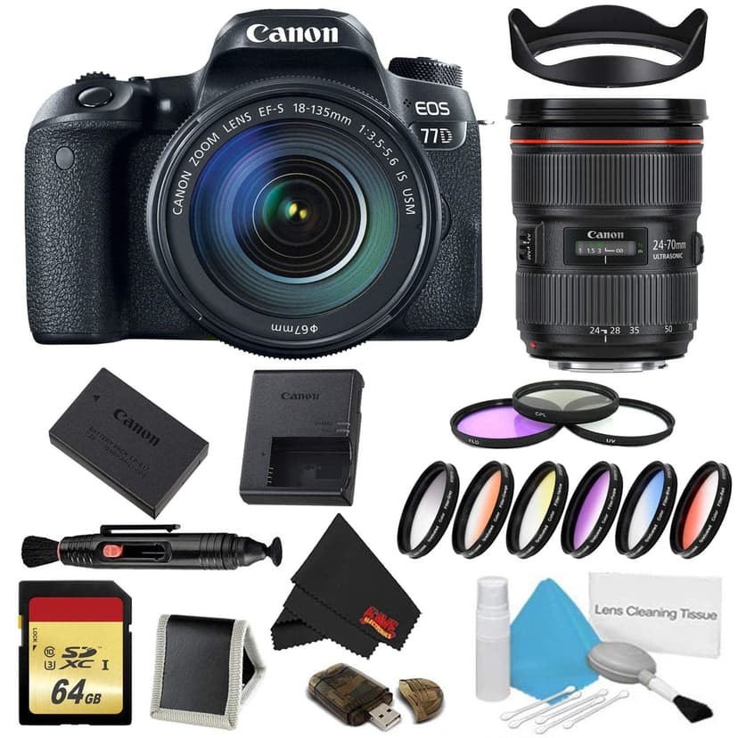 Canon EOS 77D DSLR Camera with 18-135mm Lens Bundle w/ 9 Piece Filter & Memory Kit + Bonus 24-70mm Lens (Intl Model)