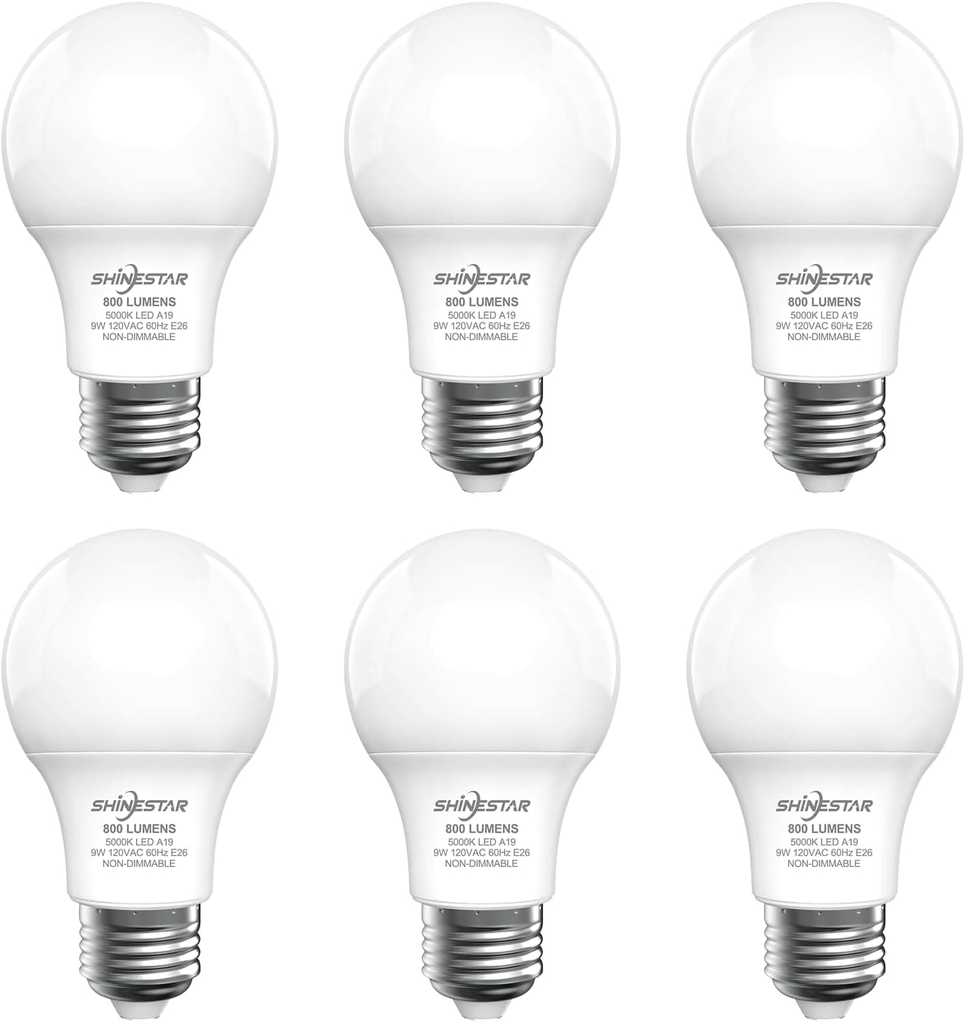 SHINESTAR A19 LED Light Bulb 60W Equivalent 5000K Daylight White E26 Base 6-Pack