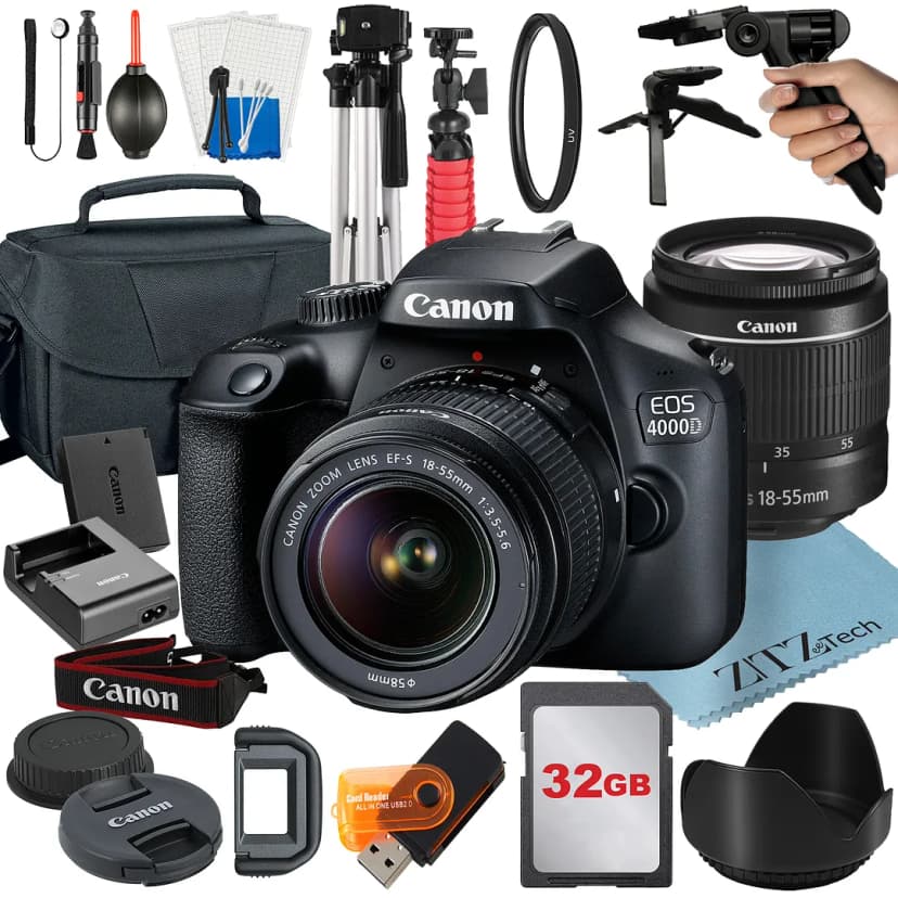 Canon EOS Rebel T100 / 4000D DSLR Camera Bundle with 18-55mm Zoom Lens + 32GB Card + Case + Tripod + ZeeTech Accessory