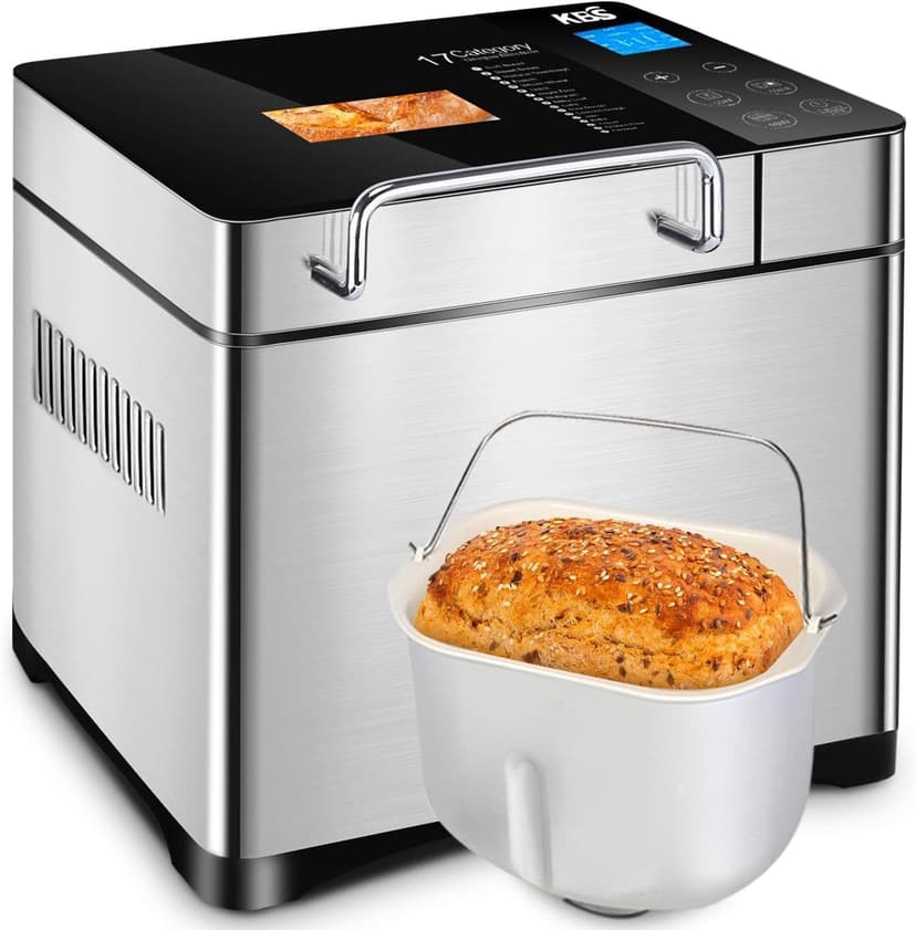 KBS 17 in 1 Bread Maker, 2LB Stainless Steel Bread Machine with Fruit Nut Dispenser, Nonstick Ceramic Pan, Digital Touch Panel, 710W Bread Maker Machine with 15 H Timer,1 H Keep Warm, 3 Sizes,3 Colors