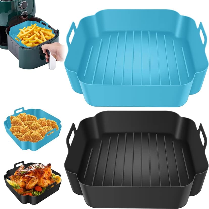 2Pcs Air Fryer Silicone Pot with Handle Reusable Air Fryer Liner Heat Resistant Air Fryer Silicone Basket Square Baking Tray Air Fryer Accessories Liners Baking Pan for Air Fryer Oven Microwa