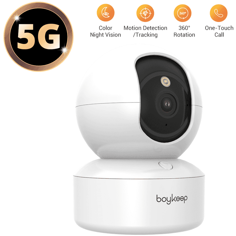 BoyKeep 2K 5G/2.4GHz WiFi Dual-Band Pet Dog Camera with Phone App, Indoor Home Security Camera with One-Touch Call, 360° PTZ, 2-Way Audio, Colour Night Vision, No Plug Version, 12s Cloud Storage