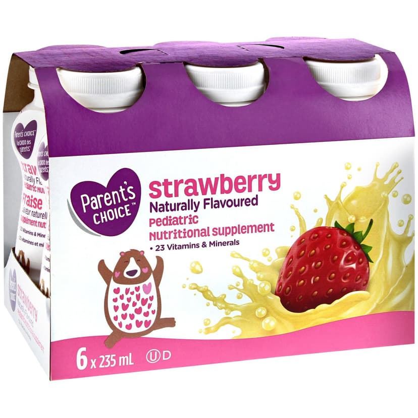 Parent's Choice Strawberry Naturally Flavoured Pediatric Nutritional Supplement, 6x235mL Ready to Feed Bottle Drinks