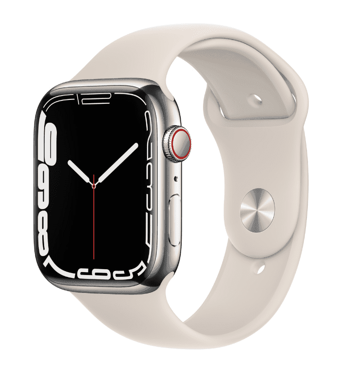 Restored Apple Watch Series 7 (GPS + Cellular, 45mm) Silver Stainless Steel Case + Starlight Sport Band 32GB - Very Good (Refurbished)