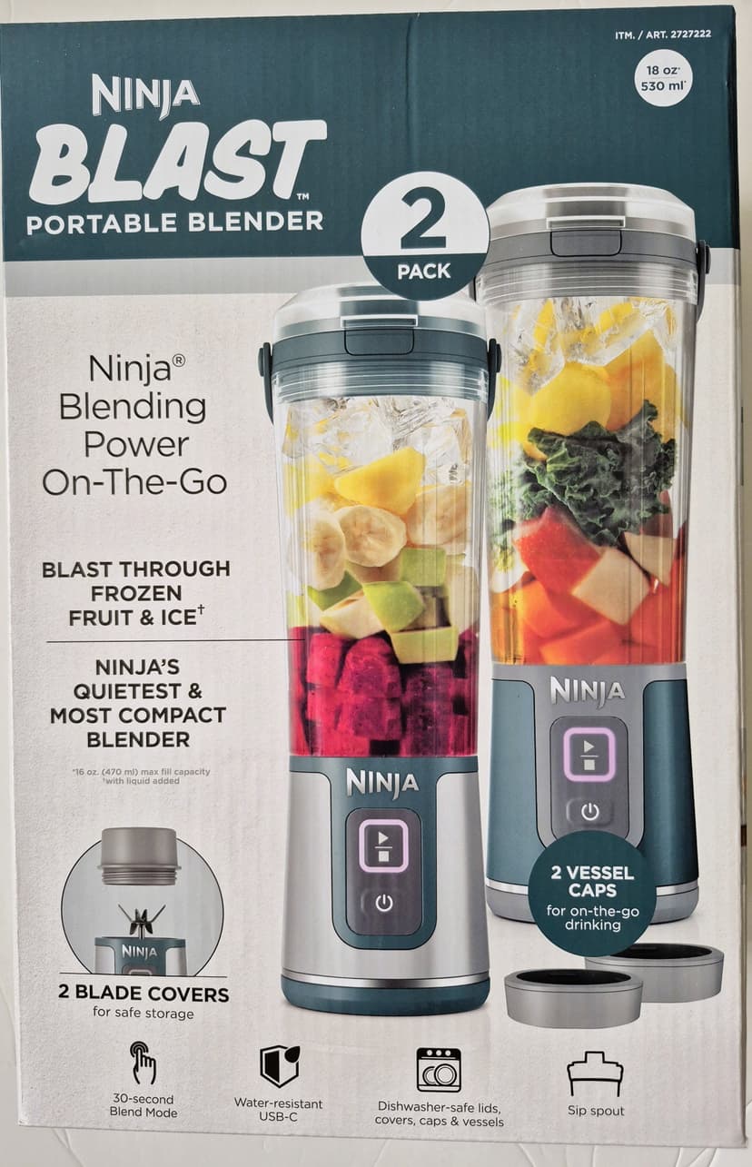 Ninja Blast Portable Blender 2‑Pack, Cordless 18oz Personal Blender with Stainless Steel BlastBlade, USB‑C Rechargeable Base, Sip Lid, BPA‑Free & Dishwasher‑Safe Parts