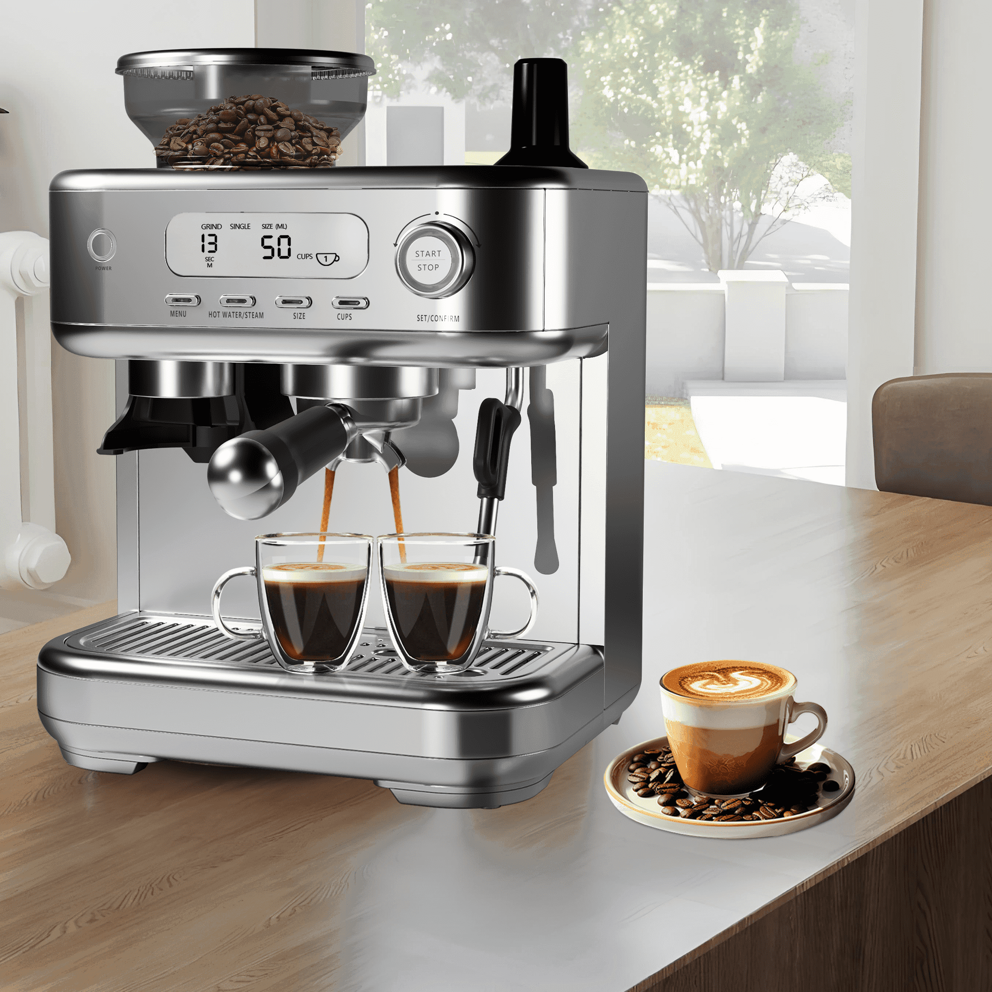 15 Bar Espresso Machine with Built-in Grinder, Programmable Coffee Maker with PID, Milk Frother & 8.8 Oz Bean Hopper for Cappuccino and Latte