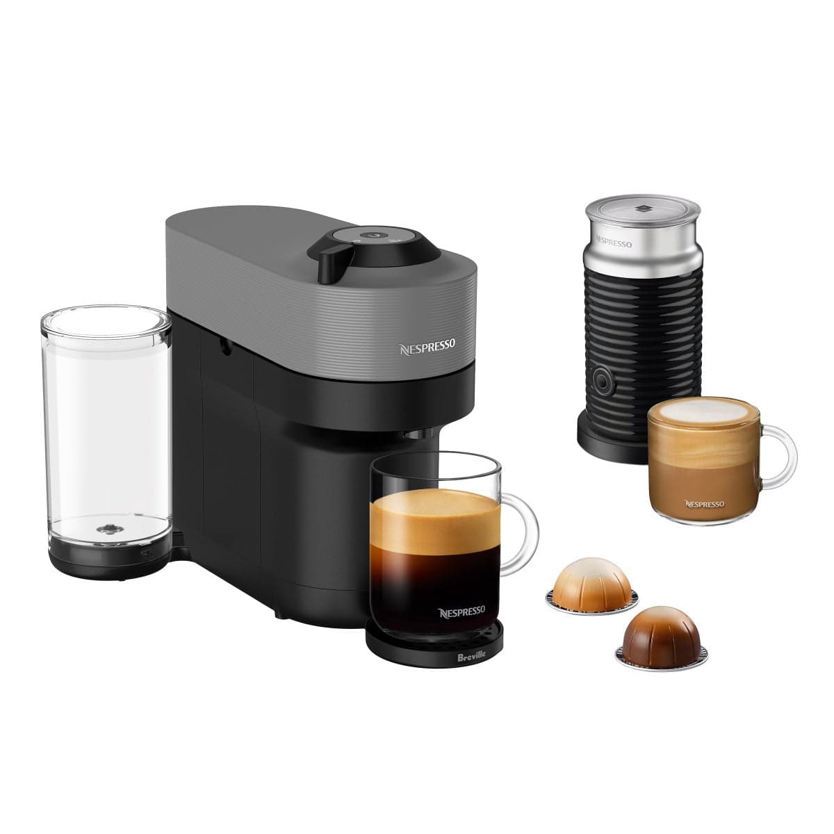 Nespresso Vertuo Pop+ Coffee Pod Machine by Breville with Aeroccino with $25 Nespresso Coffee Credit Dark Grey