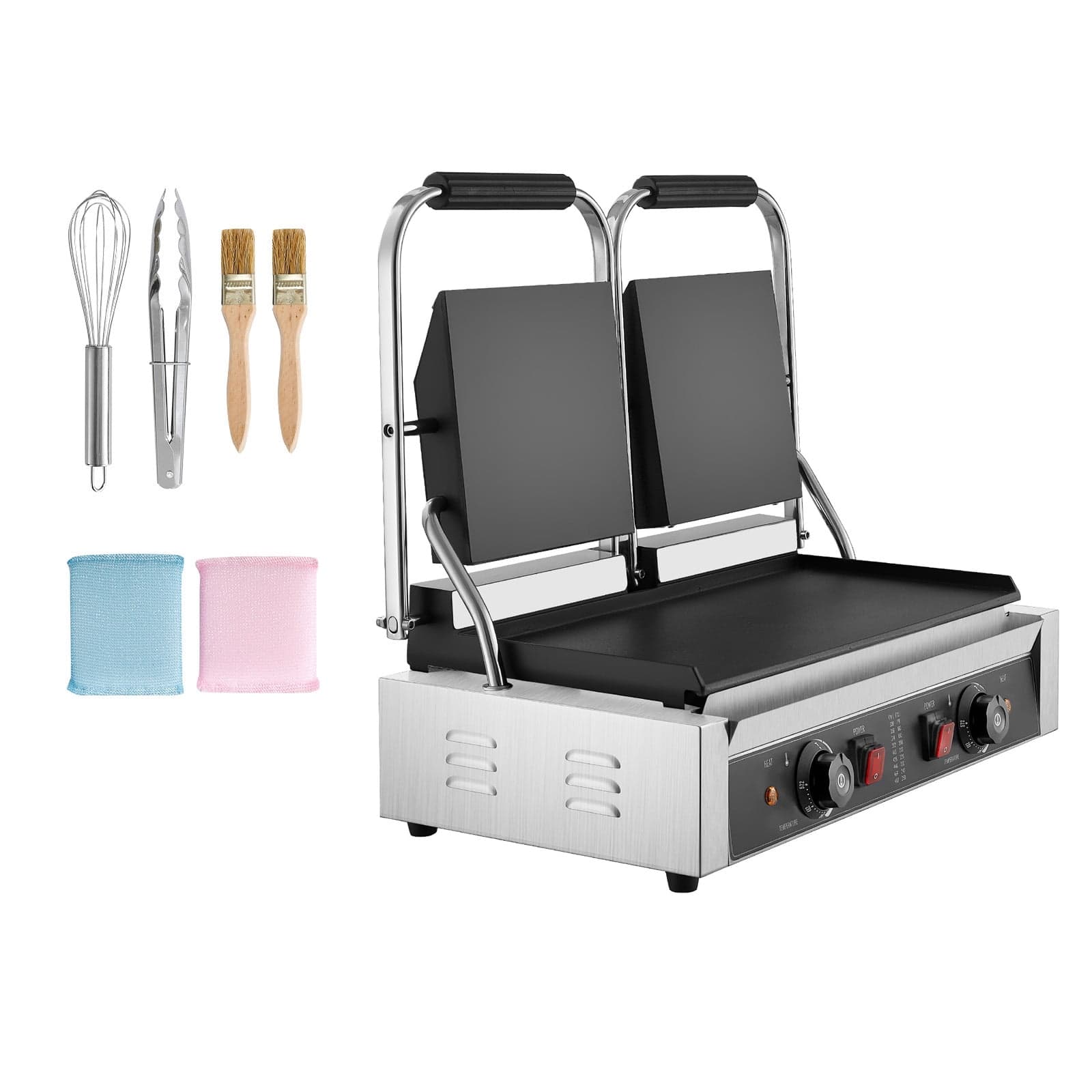 KFFKFF Commercial Panini Grill, 3600W Electric Sandwich Panini Maker, Stainless Steel Double Sandwichs Press with Handle and Temp Control
