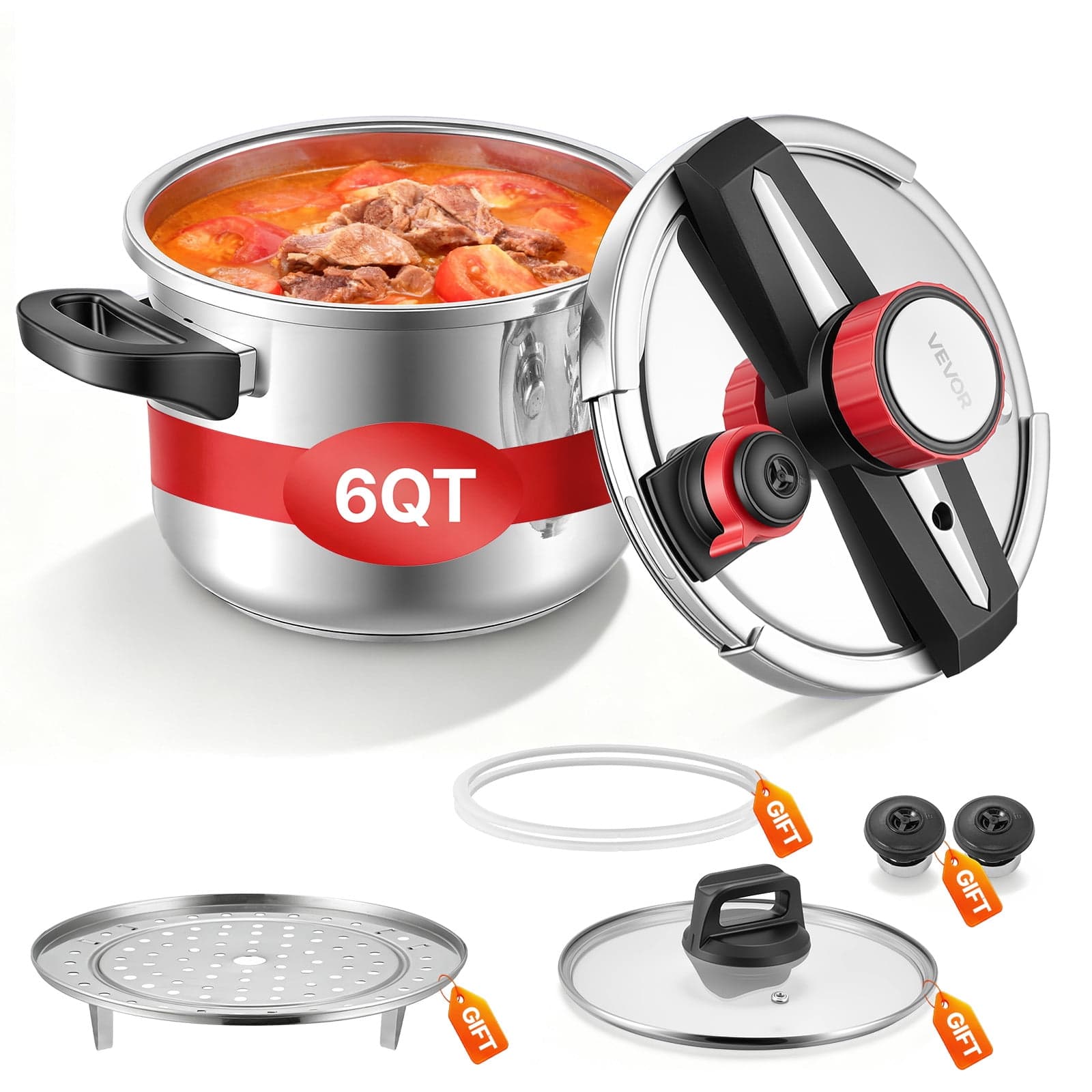 VEVOR Pressure Cooker, 6.3Qt Pressure Cooker Stainless Steel, Pressures Canner with Steaming Rack, Tempered Glass Lid, Three Pressures Settings for Meat, Beans, Rice, Soup, Sauces, Cook up to 100 kPa