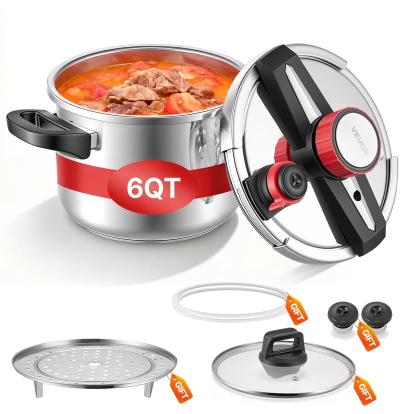 VEVOR Pressure Cooker, 6.3Qt Pressure Cooker Stainless Steel, Pressures Canner with Steaming Rack, Tempered Glass Lid, Three Pressures Settings for Meat, Beans, Rice, Soup, Sauces, Cook up to 100 kPa