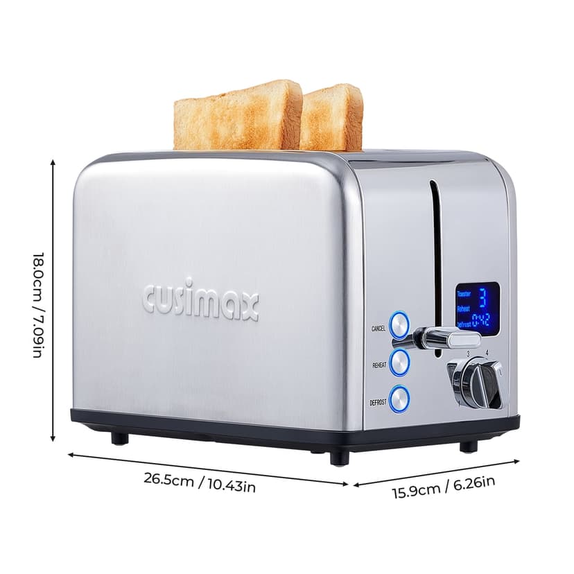 CUSIMAX Silver 2-Slice Toaster - Large LED Display, 1.5'' Ultra-wide Slots, 6 Browning Levels, Defrost & Bagel Modes, Easy Clean Removable Tray