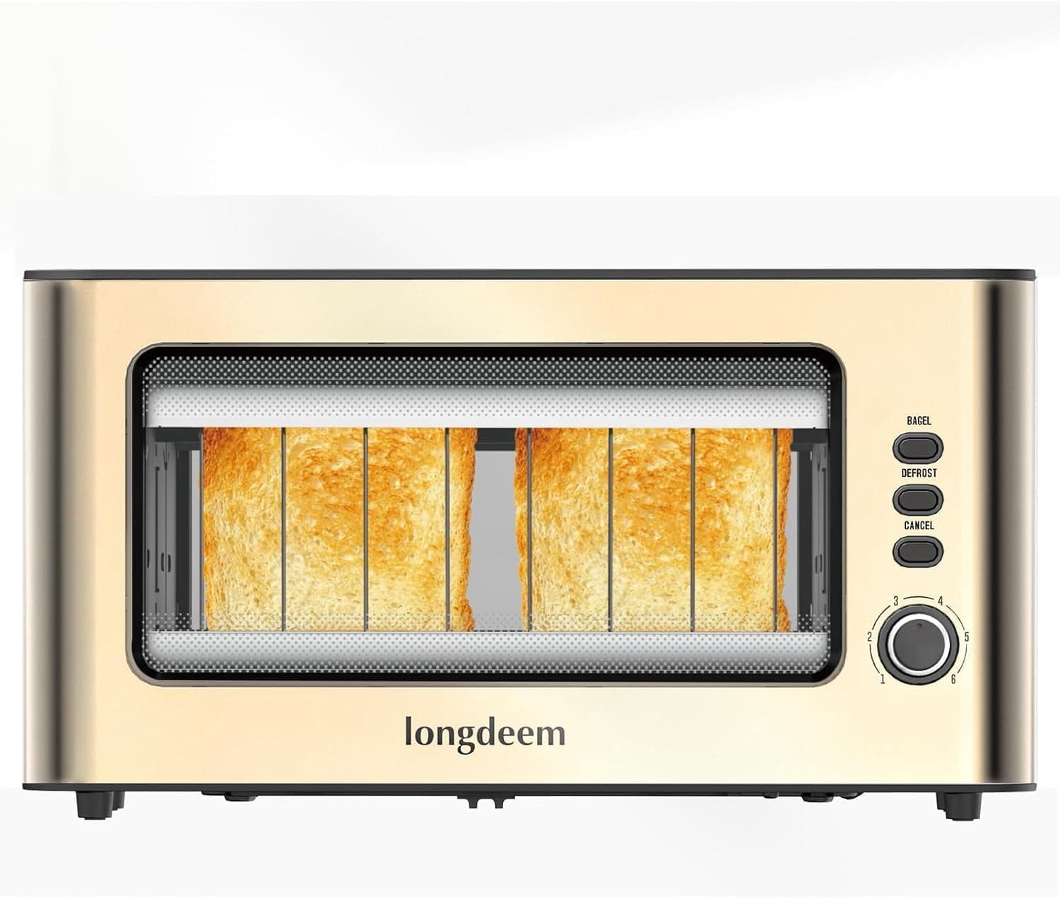Clear View Toaster LONGDEEM 1.75" Wide Slot, 10.2" Extra Long Slots Glass Toasters Stainless Steel 2 Slice with 6 Browning Control for Bagel, Defrost & Auto Shut Off with Removable Crumb Tray, Gold