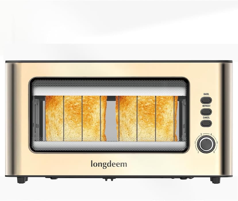 Clear View Toaster LONGDEEM 1.75" Wide Slot, 10.2" Extra Long Slots Glass Toasters Stainless Steel 2 Slice with 6 Browning Control for Bagel, Defrost & Auto Shut Off with Removable Crumb Tray, Gold