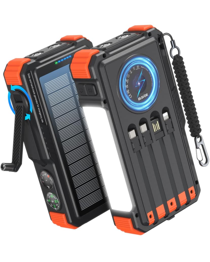BLAVOR Solar Power Bank with Hand Crank and 4 Cables, 20000mAh Wireless Portable Charger with USB C & Camping Light, 20W Fast Charging Battery Pack f
