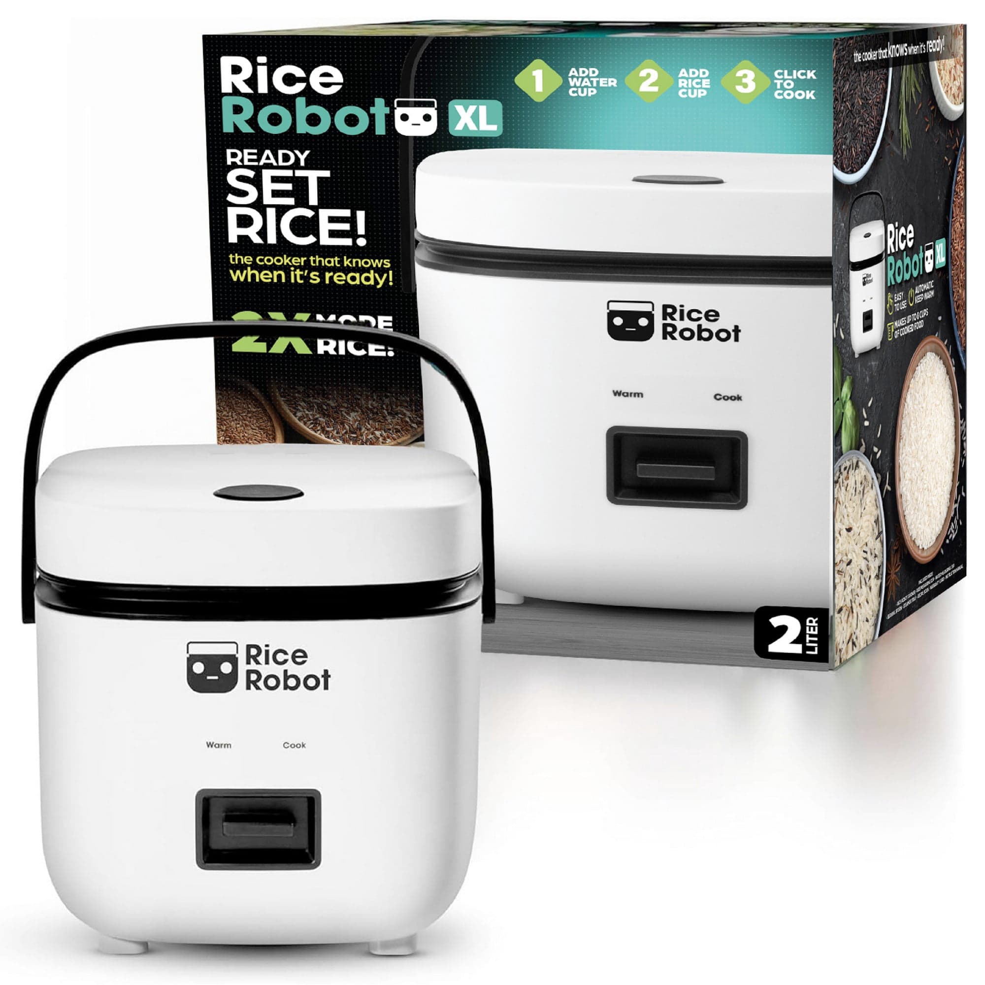 Rice Robot XL White 2QT Ceramic Nonstick Rice Cooker with Steamer Tray Click & Cook Dishwasher Safe