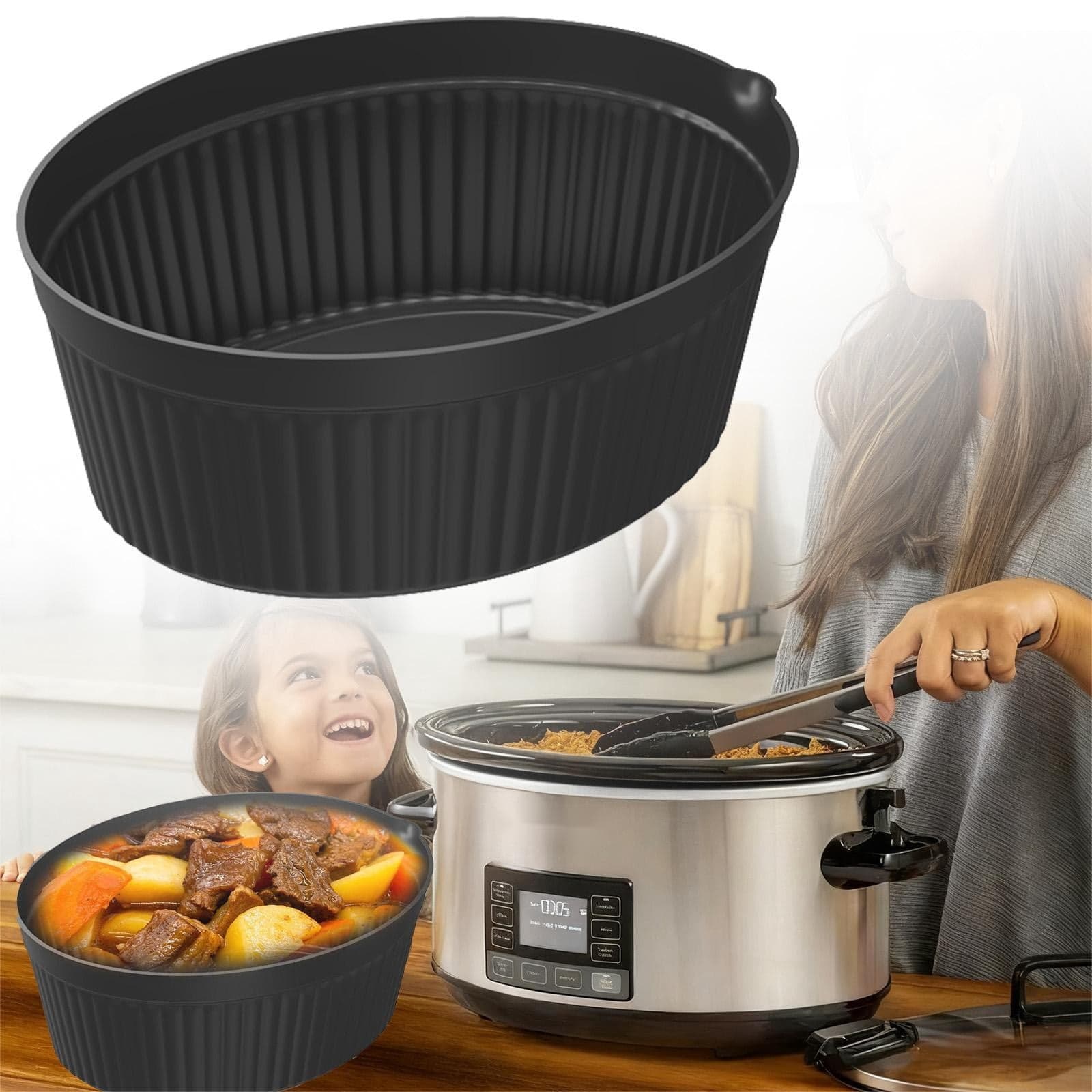 ZTTD Slow Cooker Liners, Silicone Reusable Crock Pot Insert Accessories for 7-8 QT Oval or Round Quart Slow Cookers, Food Safe & Dishwasher Safe (Black)