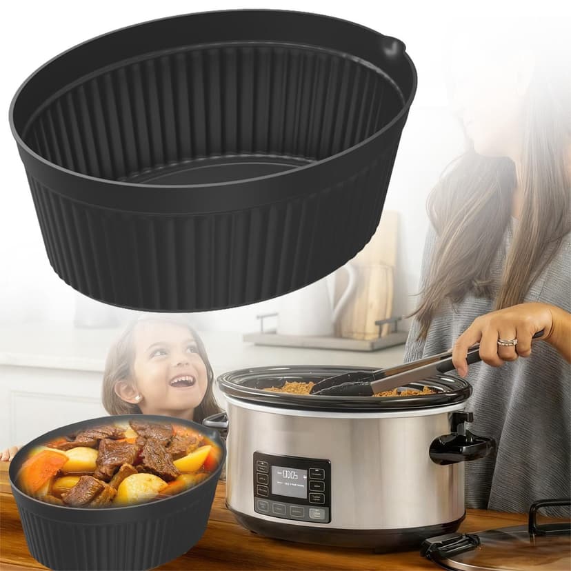 ZTTD Slow Cooker Liners, Silicone Reusable Crock Pot Insert Accessories for 7-8 QT Oval or Round Quart Slow Cookers, Food Safe & Dishwasher Safe (Black)