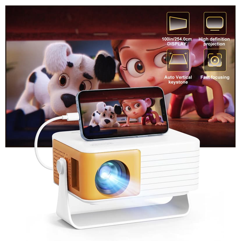 Salange Portable Mini Projector 720P HD with 4000 Lumens, WiFi and Bluetooth 5.1, 20-70" Display, HDMI USB AV Input for Home Theater Outdoor Movie, Yellow