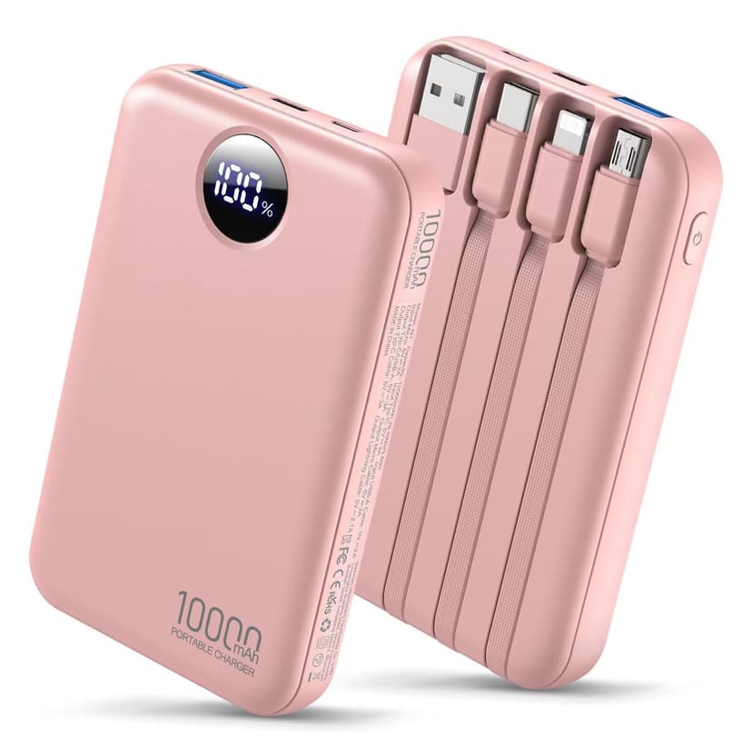 HAIARA Portable Charger 10000mAh Power Bank with 4 Built-in Cables,LED Display Compact and Battery Pack with Multiple USB Ports All-in-One Travel Cha