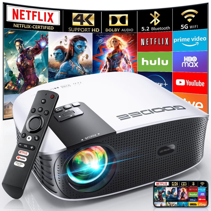 GooDee Smart 4K Projector with 5G WIFI and Bluetooth Netflix/Amazn Prime Video Certified Dolby Audio 800ANSI Outdoor Projector 400"" Zoom Home Theater Projector Compatible with TV Stick iOS Androi
