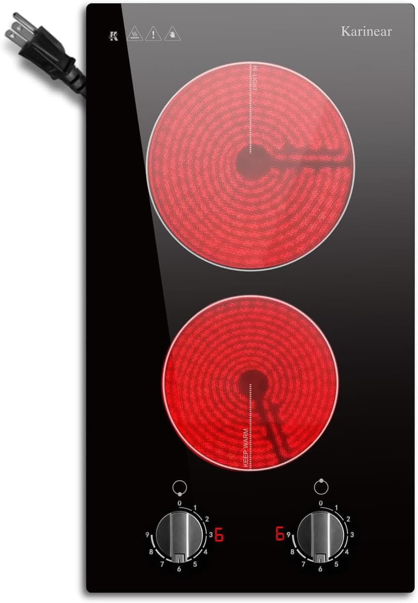 Karinear 110V Electric Cooktop 2 Burners - Efficient Knob Control Countertop & Built-in Ceramic Cooktop for Precise Cooking, 9 Heating Levels, Hot Warning, Over-Temperature Protection