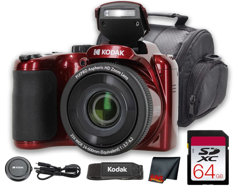 Kodak PIXPRO AZ255 16MP Digital Camera, 25X Optical Zoom, 1080p Video, 3" LCD, Red & Camera Case