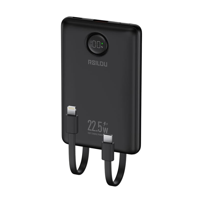 R1023 - Built-in USB-C & Lightning Cable Fast Charging LED Digital Display Power Bank - 10000mAh - Black
