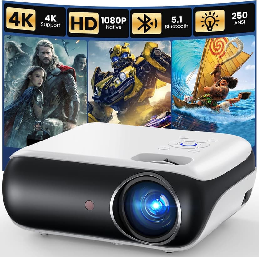 HAPPRUN Native 1080P Bluetooth Projector, Full HD Portable Outdoor Movie Projector with Built-in Speaker, Compatible with Smartphone, HDMI, USB, AV, Fire Stick, PS5