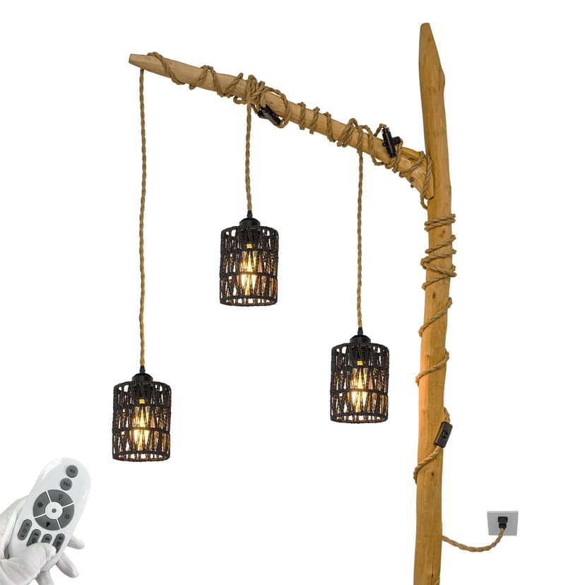 FSLiving Hanging Swag Ceiling Lamp Portable Pendants, 15ft Plug-in Cord Twine Natural Rattan Lamp Dimmable Smart Edison Bulb by Remote for Background Wall, No Wiring Needed, 3 Lights Black