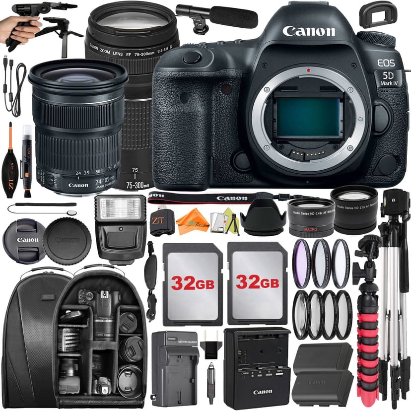 Canon EOS 5D Mark IV DSLR Camera with 24-105mm + 75-300mm Lens + 2 Pack 32GB + Backpack + ZeeTech Accessory Bundle