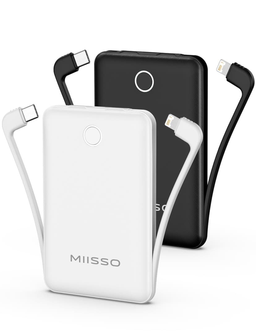 10000mAh Mini Portable Charger with Built in Cable, Pocket Size Power Bank Travel External Battery Pack for Phone, 3 Output USB Type C Cord Clutch Co
