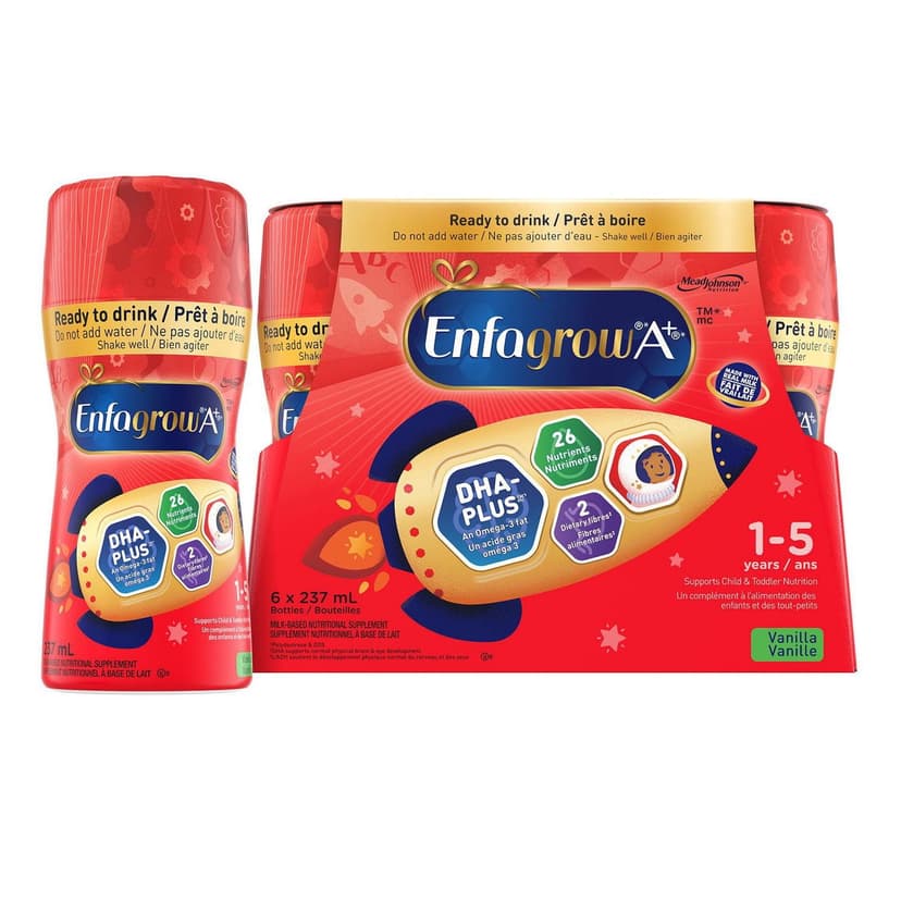 Enfagrow A+, 26 Nutrients including Brain Building DHA a type of Omega-3 fat, Vanilla Flavour, Ages 1-5, 6x237mL Ready to Feed Toddler and Child Nutritional Drink
