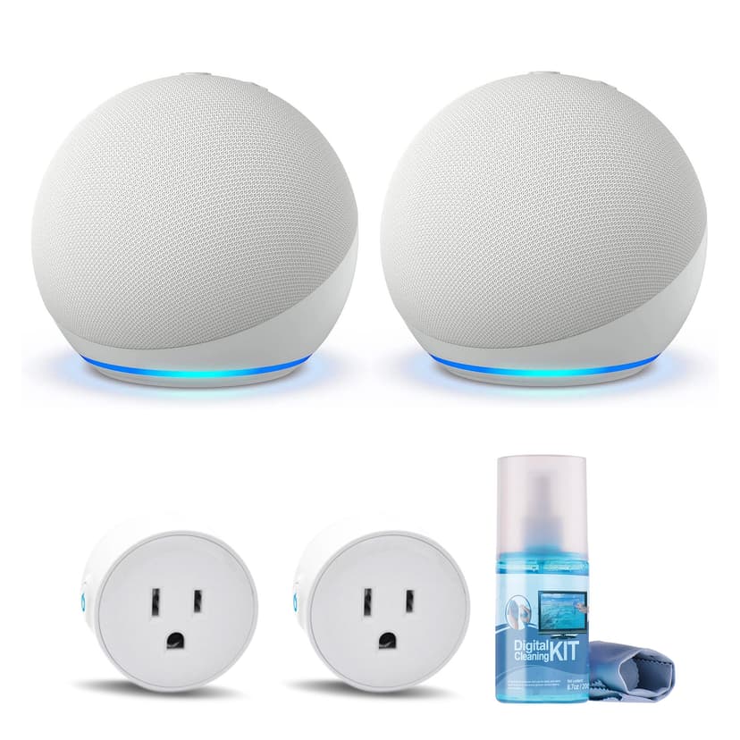 2-Pack Echo Dot (5th Gen, 2022 Release) (Glacier White) with 2-Wifi Smart Plugs and Cleaning Kit