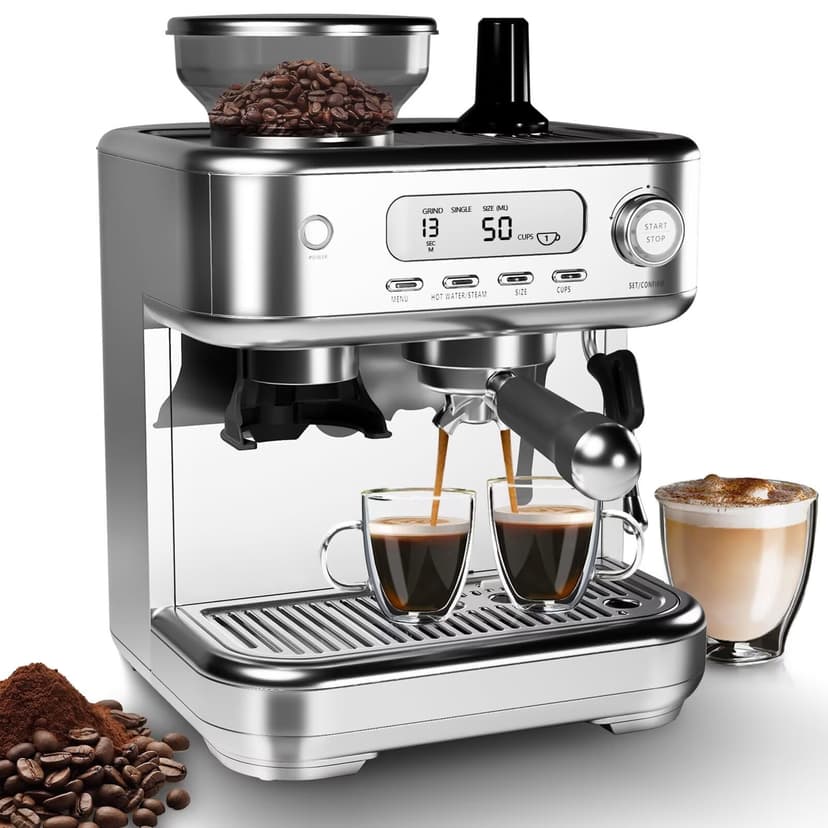 QinaQin 15-Bar Espresso Machine with LCD Display Grinder Milk Frother and PID Temperature Control Professional Coffee Maker for Latte And Cappuccino 8.8 Oz Bean Hopper