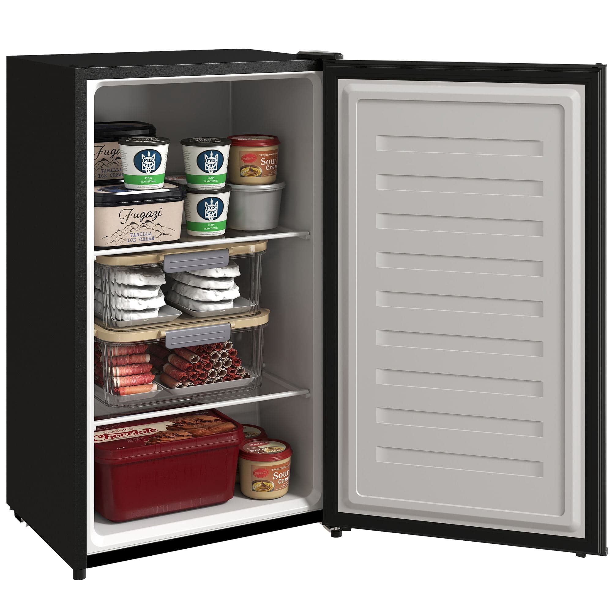 2.1 Cu. Ft. Compact Upright Mini Freezer, Black Steel Small Deep Freezer with Reversible Door & Removable Shelf, Adjustable Temperature for Apartment, RV, Dorm, or Office