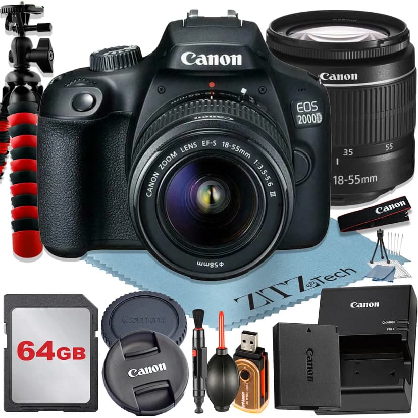 Canon EOS 2000D / Rebel T7 DSLR Camera 24.1MP CMOS Sensor with EF-S 18-55mm Zoom Lens + 64GB Memory Card + Tripod + ZeeTech Accessory Bundle