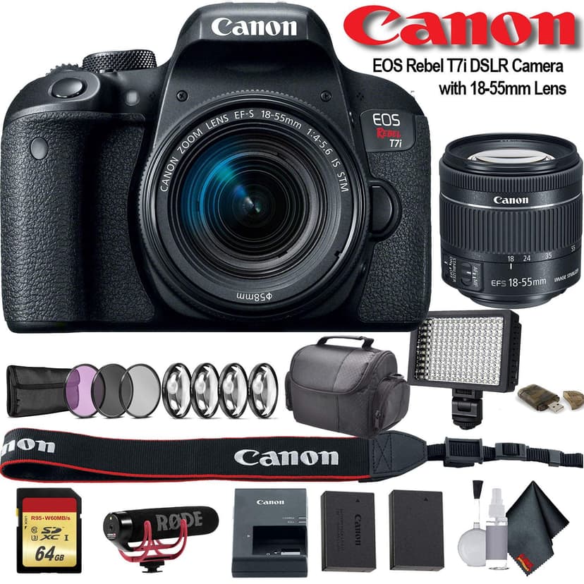 Canon EOS Rebel T7i DSLR Camera with 18-55mm Lens (Intl Model) W/ Bag, Extra Battery, LED Light, Mic, Filters and More - Advanced Bundle