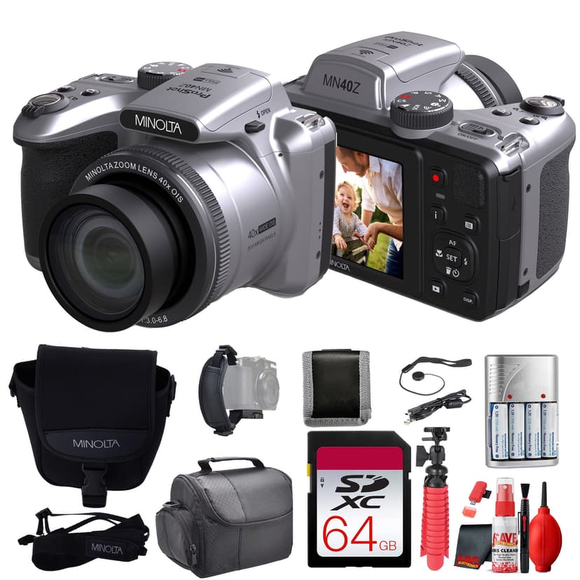 MINOLTA MN40Z 20 Mega Pixels 40x Optical Zoom Digital Camera with 1080p FHD Video, Silver, Bundle with 64GB Memory Card + Vlog Tripod + 4xAA Battery with Charger + Accessories
