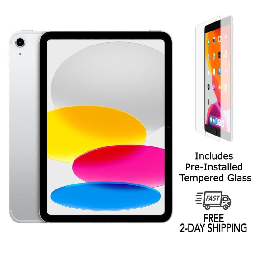 Refurbished Apple iPad 10th Gen A2696 (WiFi) 64GB Silver (Grade B) w/ Pre-Installed Tempered Glass