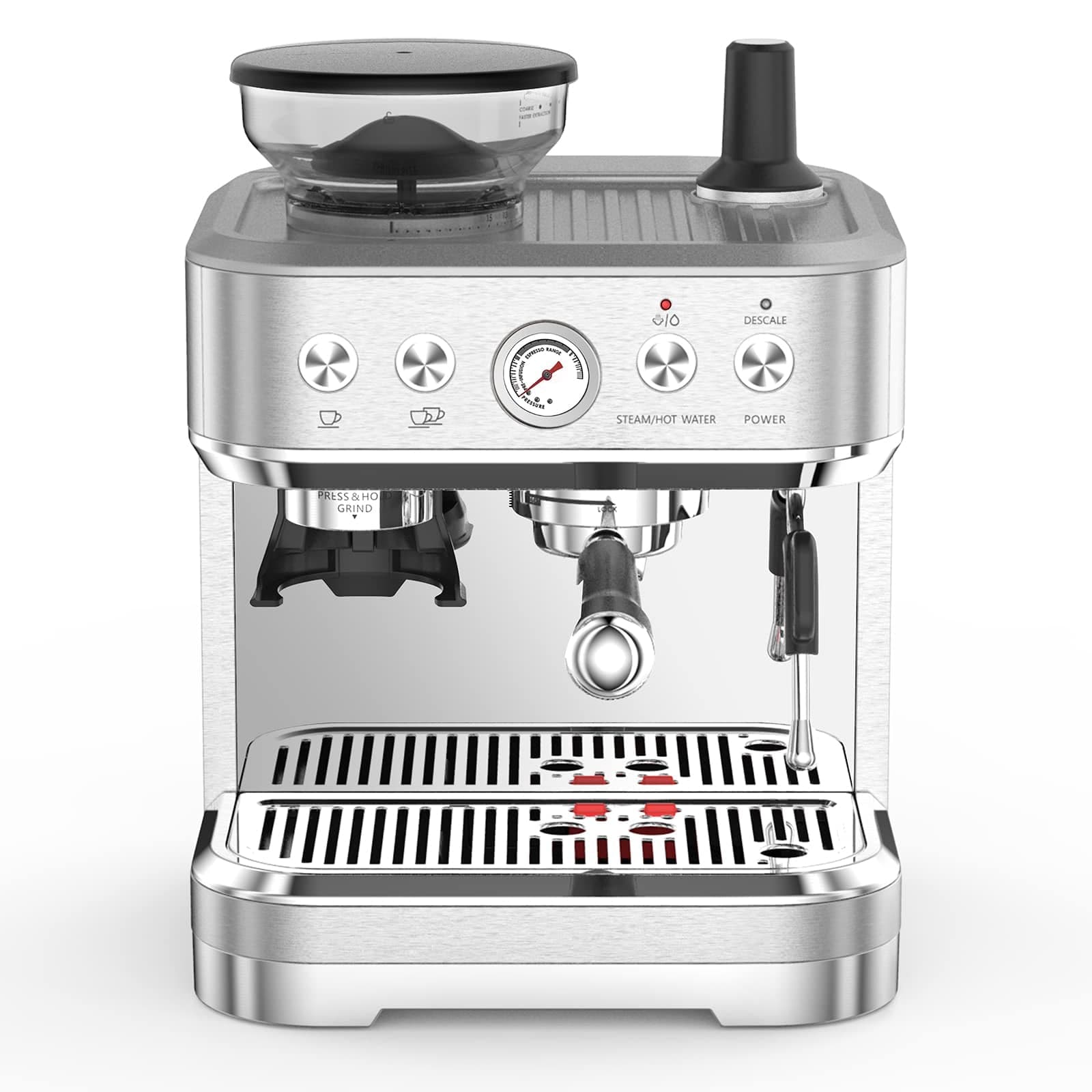 BeesClover Stainless Steel Espresso Machine, 15 Adjustable Grind Settings, 15 Bar Pump, PID Temperature Control, 2.3L Removable Water Tank, Heating, Includes 58mm Sieve Handle,Tamper & 350ml Milk Jug