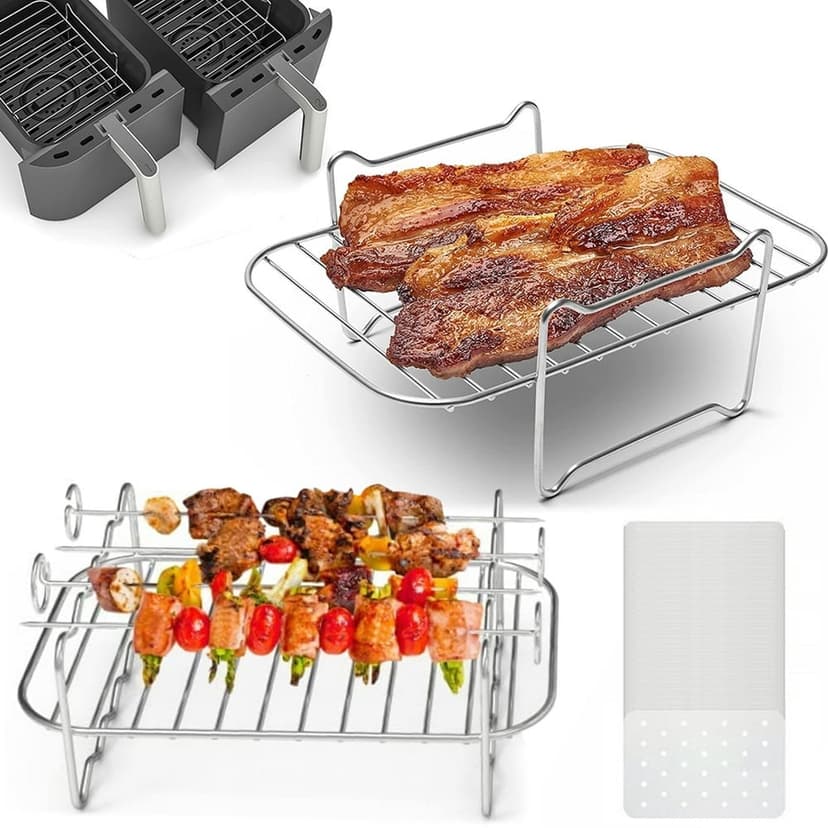 Stainless Steel Air Fryer Accessories with BBQ Sticks and BBQ Paper Non-stick Air Fryer Rack Multipurpose Double Layer Dehydrator Rack Metal Holder for Dual Basket Air Fryers and Ovens