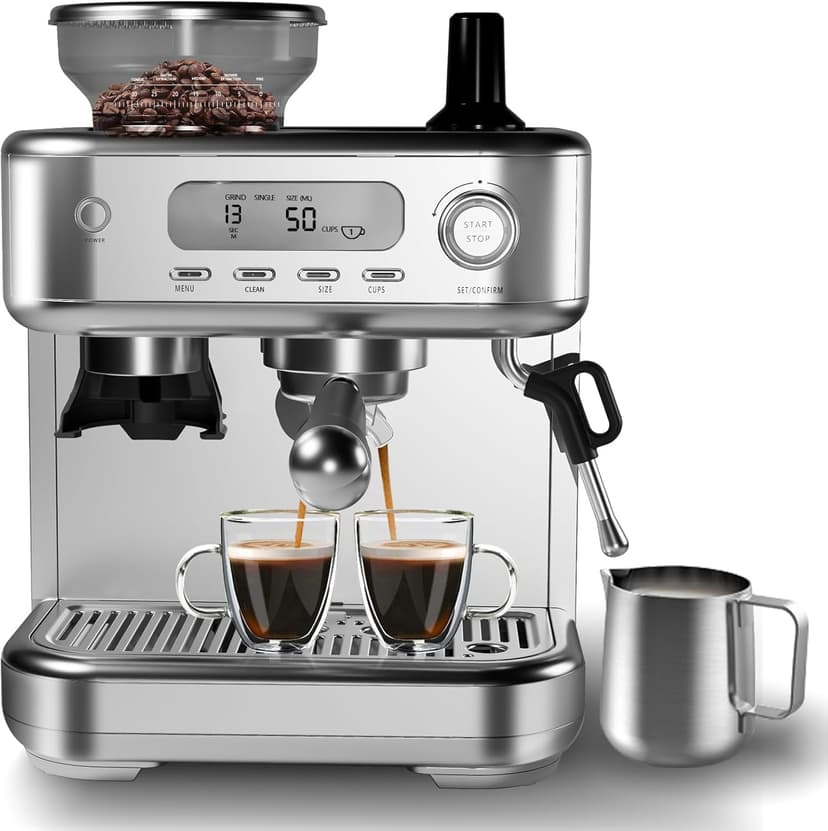 QinaQin 15 Bar Espresso Machine with LCD Display, Grinder, Milk Frother and PID Temperature Control, 8.8 Oz Bean Hopper